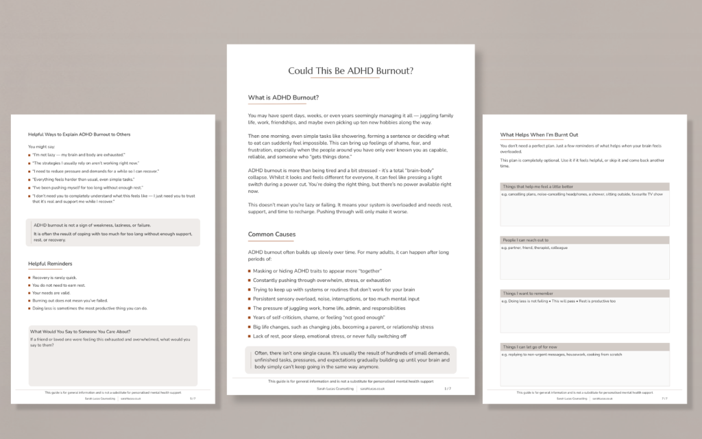 Preview pages from ADHD burnout guide showing signs, coping strategies and burnout support planning
