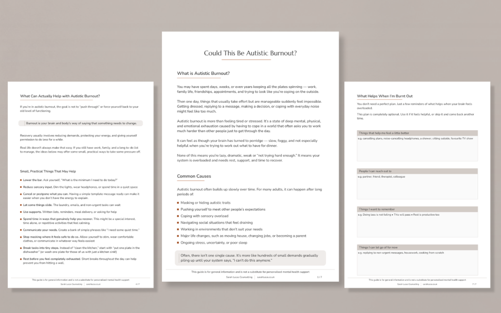 Preview pages from autistic burnout guide showing signs, coping strategies and burnout support planning